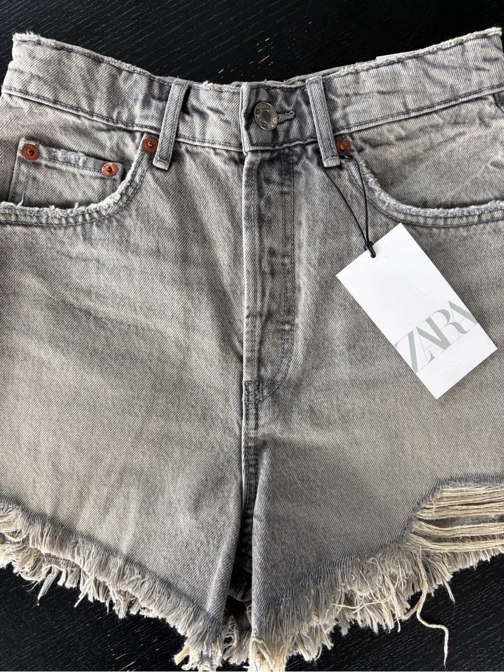 Zara High Rise Washed Gray Frayed Denim Jean Shorts